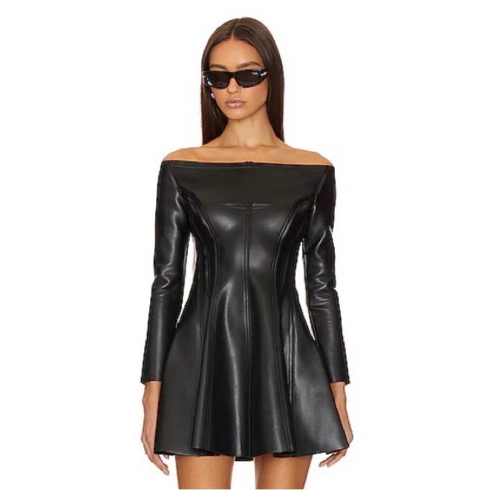 Norma Kamali Black Faux Leather Off-Shoulder Dress
